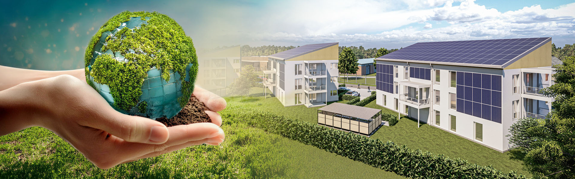 Collage in 3D: Frauenhände halten eine begrünte Erdkugel und Visualisierung der energieautarken Mehrfamilienhäuser in der Heinrichstraße in Unna-Königsborn.