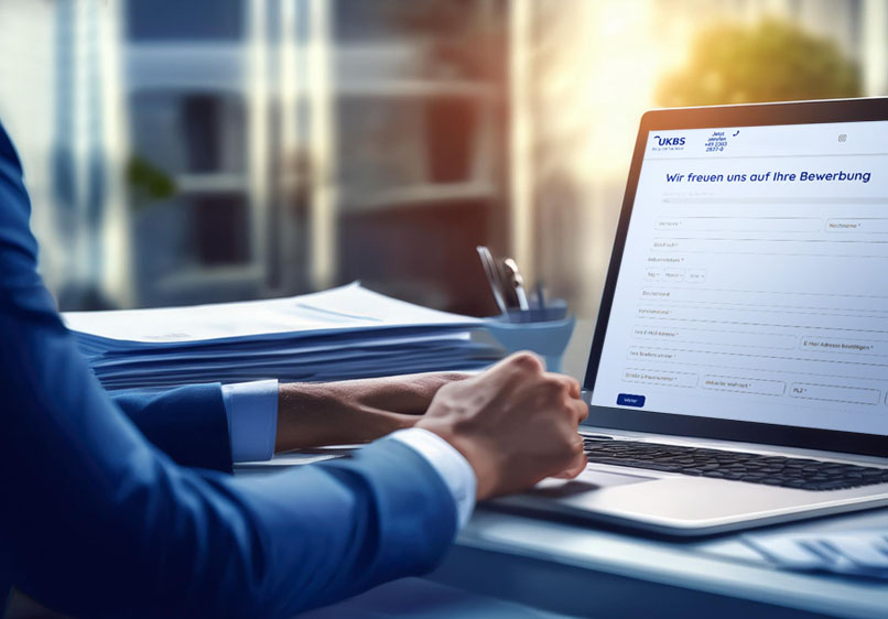 Eine Mann sitzt vor seinem Notebook. Auf dem Bildschirm sieht man das Online-Bewerbungsformular auf der UKBS-Website