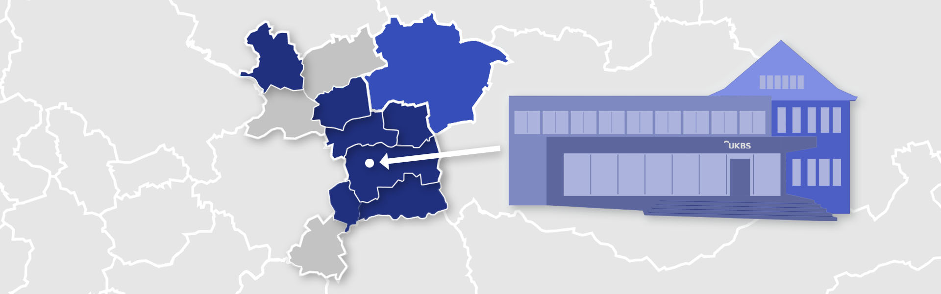 Eine Grafik mit den Umrissen der Städte und Gemeinden des Kreises Unna sowie der Stadt Hamm.rechts daneben eine Grafik des UKBS-Verwaltungsgebäudes.