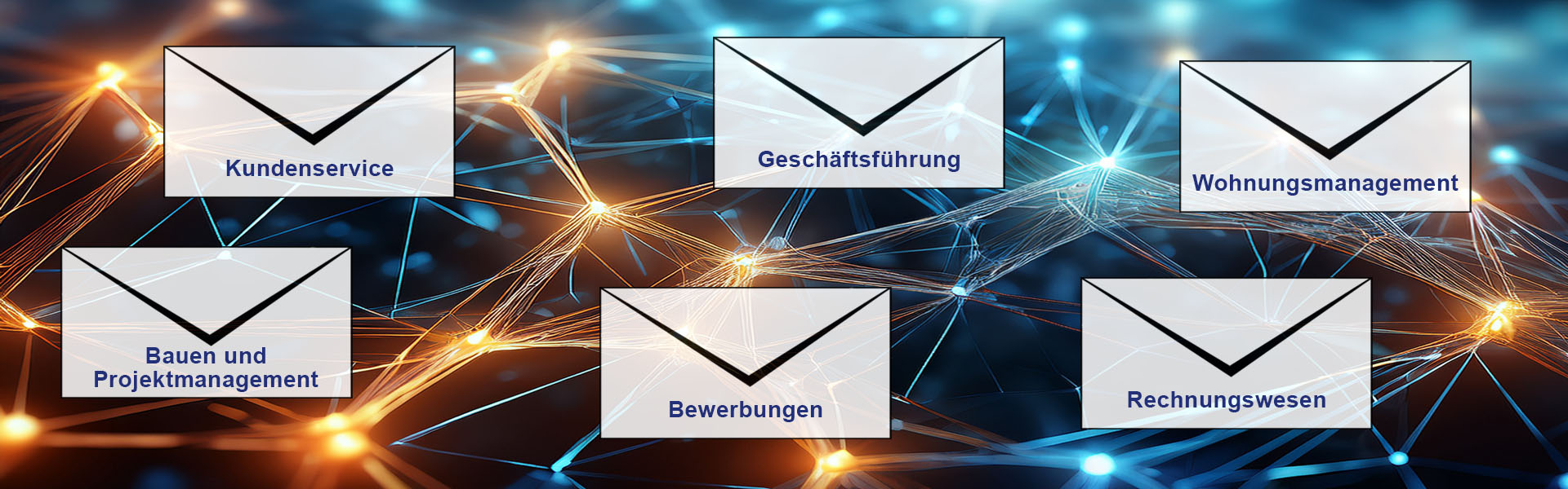 Eine Grafik mit Briefumschlägen, die mit den UKBS-Abteilungen beschriftet sind.