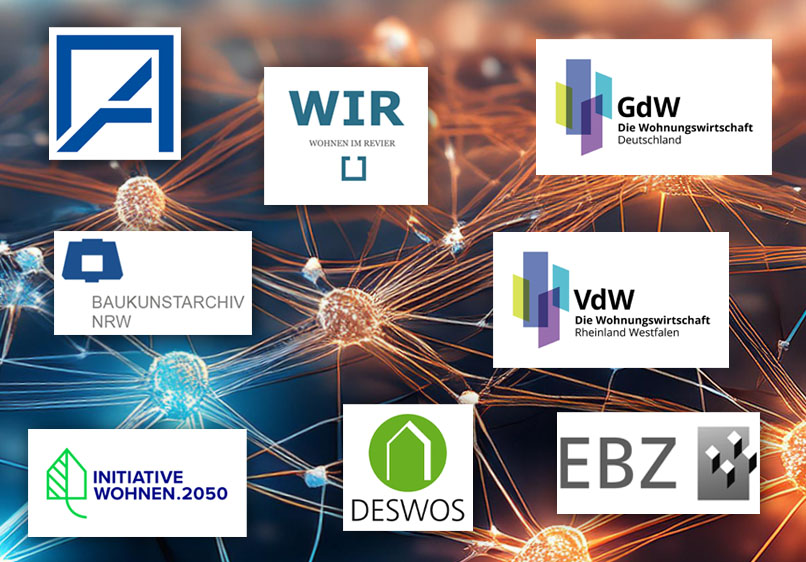 Collage mit Darstellung eines Netzwerks und Logos der Partner